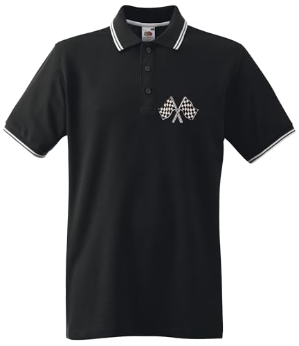 Racker-n-Roll SKA Racing Flag Streifen Poloshirt Tipped Polo mit Stickemblem, Schwarz-weiß von Racker-n-Roll