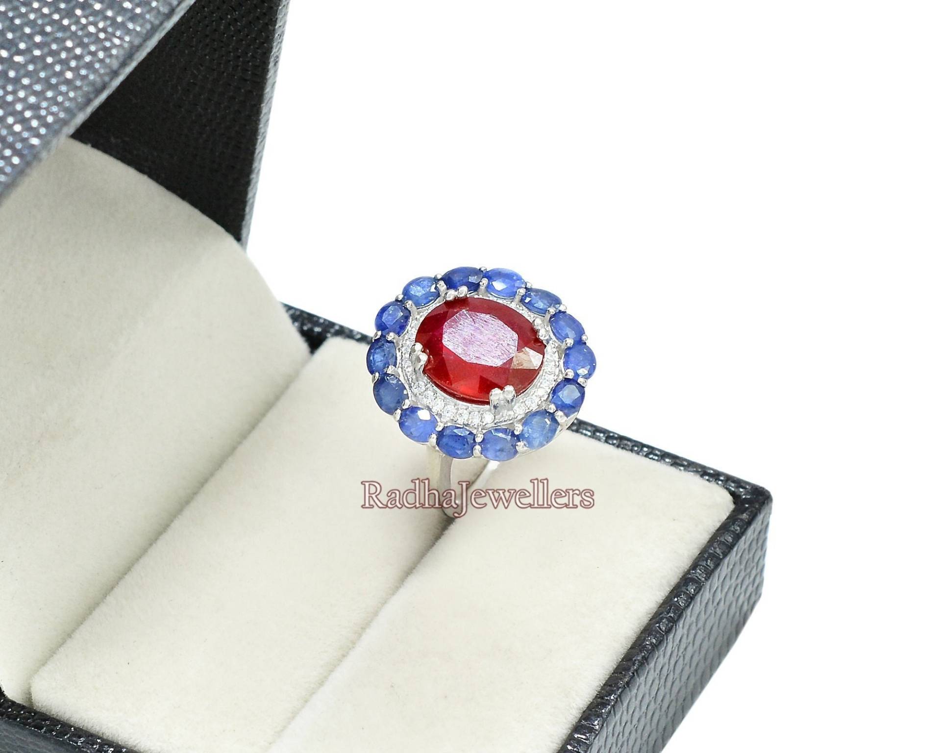 Natürlicher Roter Rubinschliff & Blauer Saphir Ring, 925 Sterling Silber, Geburtsstein Cluster Ehering, Geschenk Für Sie von RadhaJewellers