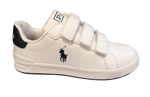 Ralph Lauren Poloshirt Heritage Court Weiß - Marineblau Sneaker Leder Kinder Größe 22 bis 29, Weiß, Marineblau, 27 EU von Ralph Lauren