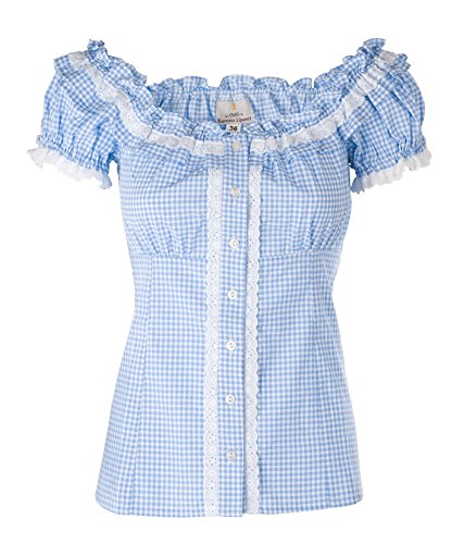 Ramona Lippert® - Damen Dirndl Bluse Laila Blau Kariert Rundausschnitt mit Rüschen im Rücken einstellbare Schlaufen - Trachtenbluse - Blusen für Trachten perfekt fürs Oktoberfest von Ramona Lippert