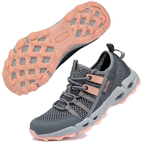 Wanderschuhe Damen Trekkingschuhe Leicht rutschfeste Outdoor-Sportschuhe Atmungsaktive Mesh Sommer Fahrradschuhe Wasserschuhe Grau Orange 37 EU von Ranberone