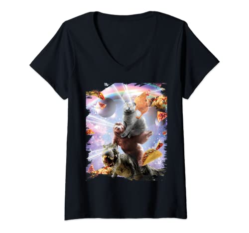 Damen Laser Eyes Space Huhn Katze Faultier Dinosaurier T-Shirt mit V-Ausschnitt von Random Galaxy