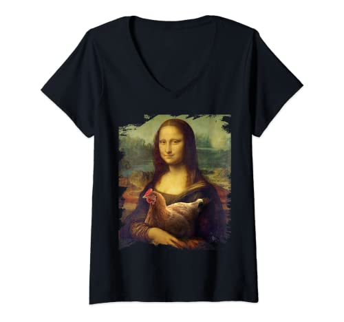 Damen Mona Chicken Lisa Classic da Vinci Hühner lustig T-Shirt mit V-Ausschnitt von Random Galaxy