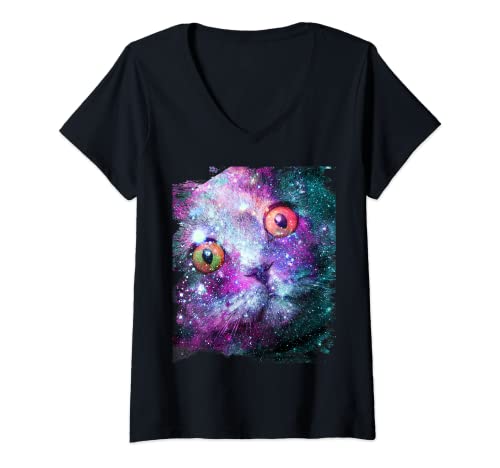 Damen Niedliche Astro Space Cat In Universe T-Shirt mit V-Ausschnitt von Random Galaxy