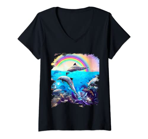 Damen Regenbogen-Delfin Unterwasser-Ozean-Delfine T-Shirt mit V-Ausschnitt von Random Galaxy