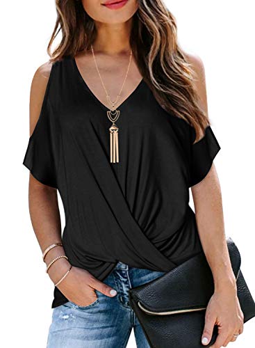 Tshirt Damen Sommer Baumwolle 2024 Locker Oberteile Elegant Fledermaus-Ärmel Schwarz Oversize Shirt T-Shirts für Damen S von Ranphee