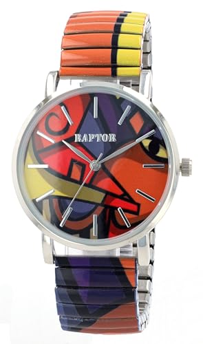 Raptor Colorful Edition Ø36mm Damen-Uhr Zugband Edelstahl Motiv Bunt Print Analog Quarz (orange gelb rot) von Raptor