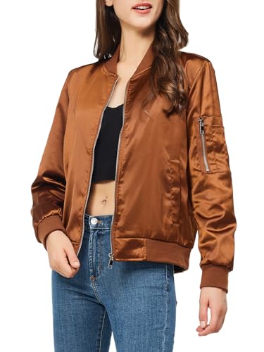 Rasujie Satin Bomberjacke Frauen Zip Up Varsity Jacke Herbst Windbreaker Oberbekleidung mit Taschen, Kaffee, M von Rasujie