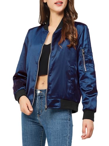 Rasujie Satin Bomberjacke Frauen Zip Up Varsity Jacke Herbst Windbreaker Oberbekleidung mit Taschen, Marineblau, M von Rasujie