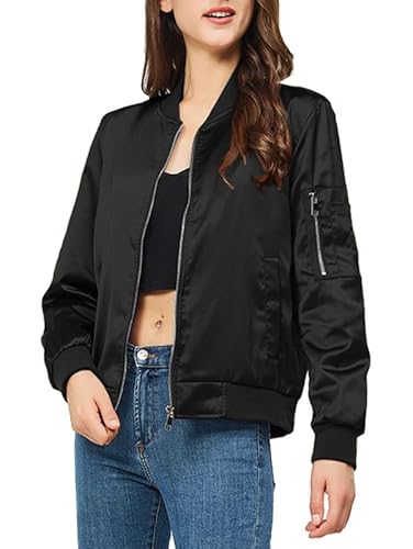 Rasujie Satin Bomberjacke Frauen Zip Up Varsity Jacke Herbst Windbreaker Oberbekleidung mit Taschen, Schwarz, XXL von Rasujie