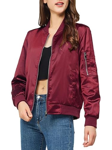 Rasujie Satin Bomberjacke Frauen Zip Up Varsity Jacke Herbst Windbreaker Oberbekleidung mit Taschen, Weinrot, M von Rasujie