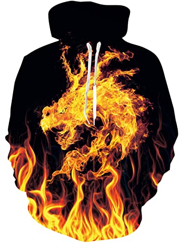 Rave on Friday Unisex Hoodie Herren Damen 3D Druck Kapuzenpullover Langarm Hooded Sweatshirts mit Drawstring Tasche Goldener Flammendrache L von Rave on Friday