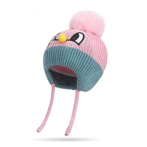 Baby Mütze Beanie Strickmütze Beanie Baby Jungen Mädchen Herbst Wintermütze Süßer Hut mit Earflap und Bindebändern Pelz Hairball Beanie-Hut Pom Pom Warm Hat für Jungen Mädchen,Helles Rosa von Rayson