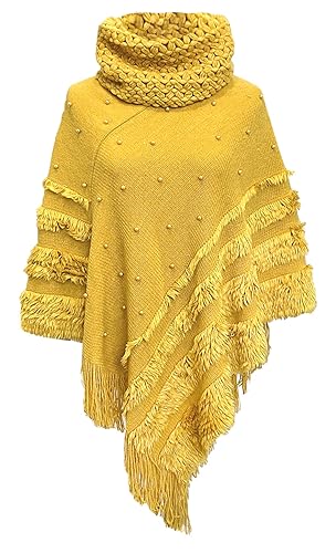 Rayson Damen Poncho mit Quaste für Damen Winter Rollkragen Elegant Strick Cape mit Perlen Applikation Warm Pullover Herbst Winter(Gelb) von Rayson