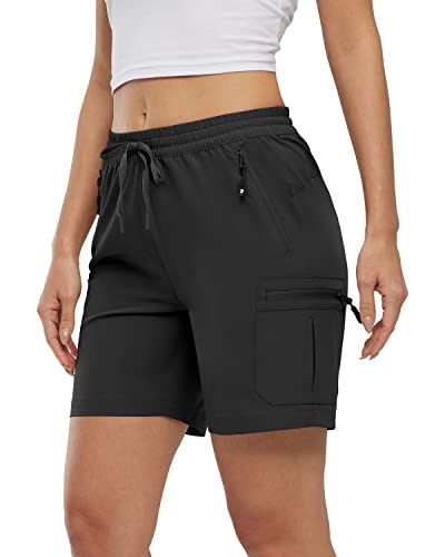 Rdruko Damen Stretch Cargo Shorts Kordelzug Elastisch Hohe Taille Sommer Casual Leicht Schnell Trocknen Damen Shorts mit Multi Zip Taschen, Schwarz , XS von Rdruko