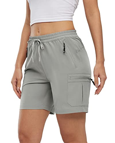 Rdruko Damen-Cargo-Shorts, Kordelzug, elastisch, hohe Taille, Sommer, lässig, schnell trocknend, Outdoor-Shorts für Arbeit, Reisen, Golf, Wandern, Wandern, Wandern, wasserabweisend, hellgrau, S von Rdruko