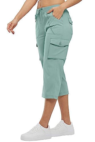 Rdruko Damen Cropped Hose Elastische Hohe Taille Damen Casual Caprihose Sommer 3/4 Länge Cargo Shorts mit Multi Taschen Kordelzug, lichtgrün, L von Rdruko