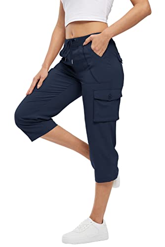 Rdruko Damen Cropped Hose Elastische Hohe Taille Damen Casual Caprihose Sommer 3/4 Länge Cargo Shorts mit Multi Taschen Kordelzug, marineblau, L von Rdruko