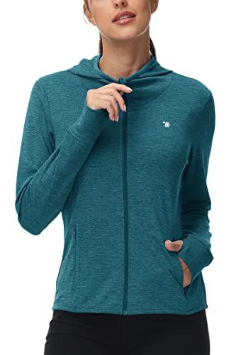 Rdruko Damen Laufjacken Reißverschluss Hoodie Damen Fit Langarm Sport Workout Kapuzen-Sweatshirt Leichte Gym Tops mit Daumenlöchern, Dunkelcyan, 38 von Rdruko