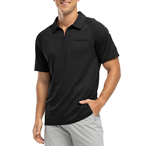 Rdruko Herren 1/4 Reißverschluss Poloshirts mit Tasche Sommer Kurzarm Atmungsaktiv Schnell Trocknen Golf Tennis Tops Casual Smart Work T Shirts, Schwarz , L von Rdruko