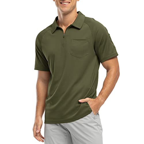 Rdruko Herren 1/4 Reißverschluss Poloshirts mit Tasche Sommer Kurzarm Atmungsaktiv Schnell Trocknen Golf Tennis Tops Casual Smart Work T Shirts, armee-grün, 3XL von Rdruko