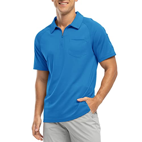 Rdruko Herren 1/4 Reißverschluss Poloshirts mit Tasche Sommer Kurzarm Atmungsaktiv Schnell Trocknen Golf Tennis Tops Casual Smart Work T Shirts, azurblau, L von Rdruko