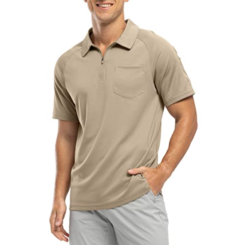 Rdruko Herren 1/4 Reißverschluss Poloshirts mit Tasche Sommer Kurzarm Atmungsaktiv Schnell Trocknen Golf Tennis Tops Casual Smart Work T Shirts, khaki, L von Rdruko