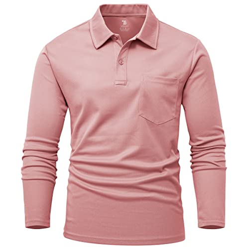 Rdruko Herren Atmungsaktive Langarm Poloshirts Casual Smart Button Neck T-Shirts Feuchtigkeitstransport Schnell Trocknen Arbeit Golf Wandern Tops mit Tasche, Grau/Pink, XL von Rdruko