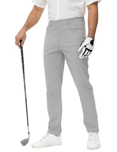 Rdruko Herren-Golfhose, Stretch, Kleid, Arbeit, Freizeit, Reisen, schmale Passform, leicht, flache Vorderseite, elastischer Bund, 5 Taschen, Hellgrau, 32 von Rdruko