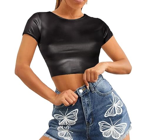 Re Tech UK - Damen Crop Top - Rundhalsausschnitt - kurzärmlig - bauchfrei - Schwarz Wet-Look - 40/42 von Re Tech UK