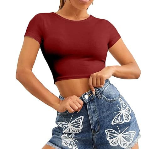 Re Tech UK - Damen Crop Top - Rundhalsausschnitt - kurzärmlig - bauchfrei - Weinrot - 36/38 von Re Tech UK