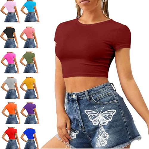 Re Tech UK - Damen Crop Top - Rundhalsausschnitt - kurzärmlig - bauchfrei - Weinrot - 40/42 von Re Tech UK