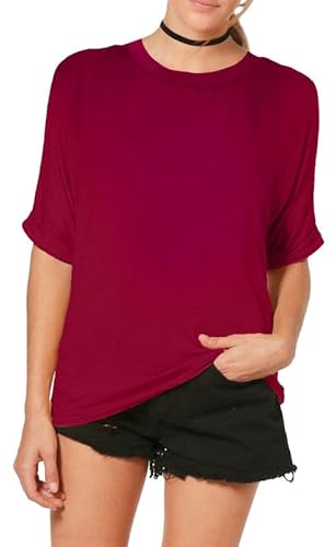 Re Tech UK - Damen T-Shirt im Oversize-Look - breiter Rundhalsausschnitt - krempelbare Ärmel - lang - Weinrot - 52-54 von Re Tech UK