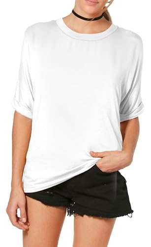 Re Tech UK - Damen T-Shirt im Oversize-Look - breiter Rundhalsausschnitt - krempelbare Ärmel - lang - Weiß - 44-46 von Re Tech UK