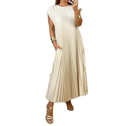 RePaLy Einfaches, Einfarbiges Damen-Plisseekleid, Einfarbiges, Lockeres, Langes Sommerkleid Mit Rundhalsausschnitt, ärmellose, Elegante, Fließende Kleider (Beige,3XL) von RePaLy