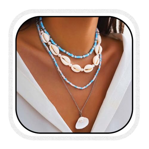 Reaky Boho-Perlenketten, geschichtete blaue Muschel-Halskette, 4 Stück, Perlenketten, Sommer-Strandschmuck für Damen, Kunststoff von Reaky