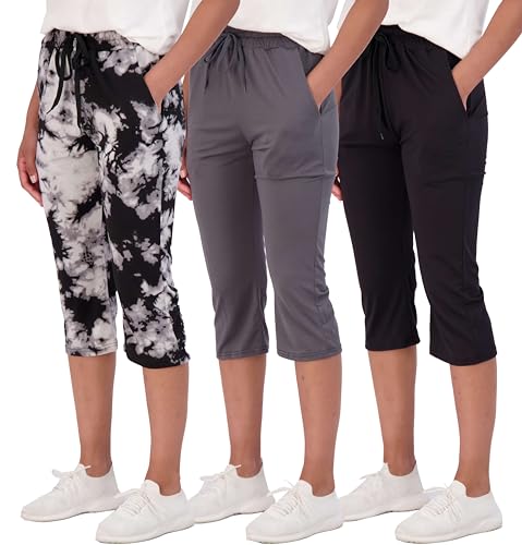 3er-Pack: Damen-Caprihose, seidig, weich, offene Unterseite, mit Kordelzug – (erhältlich in Übergröße), Set 2, Groß von Real Essentials