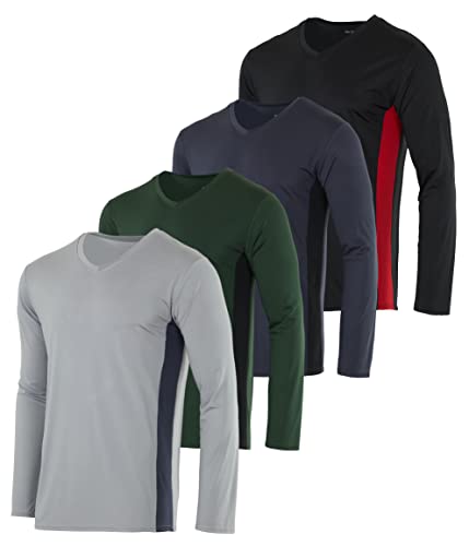 4er-Pack: Herren V-Ausschnitt Langarm Dry Fit Active T-Shirt – Angeln Schwimmen Sonnenschutz UPF 50+ (erhältlich in Groß und Hoch), Set 4, Klein von Real Essentials