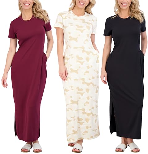 Real Essentials 3er Pack: Damen Casual Kurzarm Maxikleid Sommerkleid mit Schlitz & Taschen (erhältlich in Übergröße), Set 3, 3X von Real Essentials