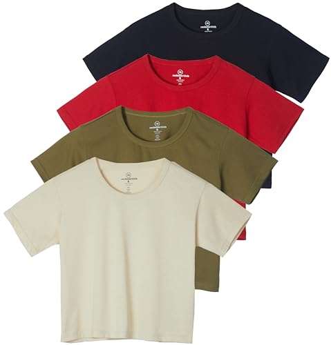 Real Essentials 4 Pack: Damen Baumwolle Kurzarm Crop Top - Cropped Casual Rundhals T-Shirts (Erhältlich in Übergröße), 6 Stück, 1X von Real Essentials