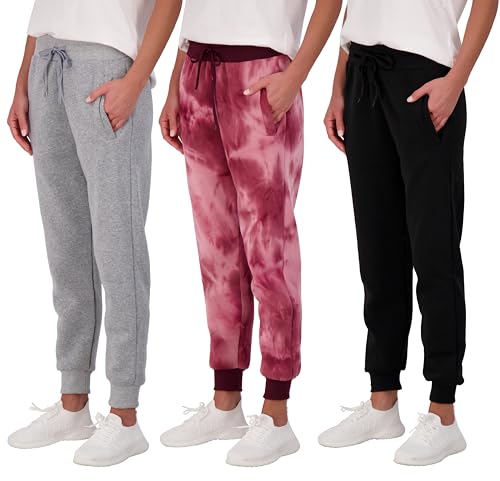 Real Essentials Damen-Jogginghose, lockere Passform, bequeme Fleece-Jogginghose, lässig, aktives Workout, 3 Stück, Set 1, Klein von Real Essentials