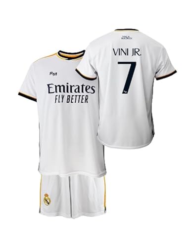 Real Madrid Set für Kinder, T-Shirt und Hose, Erstausstattung der Saison 2023-2024, Vini JR. 7, offizielle Replik mit offizieller Lizenz - Kind, weiß, 10 Jahre von Real Madrid