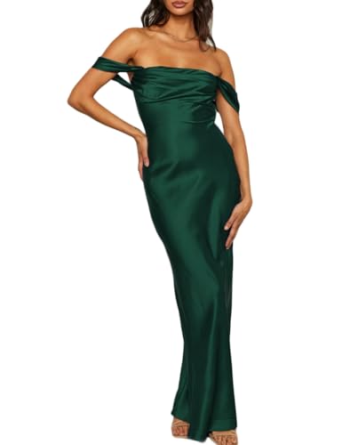 Realtix Elegantes schulterfreies Maxikleid aus Satin, gerüscht, rückenfrei, trägerlos, ärmellos, Brautjungfernkleid, dunkelgrün, X-Klein Realtix Elegantes schulterfreies Maxikleid aus Satin, gerüscht, rückenfrei, trägerlos, ärmellos, Brautjungfernkleid, dunkelgrün, X-Klein von Realtix