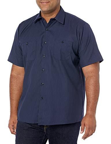 Red Kap Herren Kurzärmeliges Performance-Tech-Shirt Button-Down-Arbeitshemd, Marineblau/Hellblau Twin Stripe, XL von Red Kap