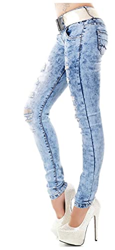 Red Seventy Damen Skinny Slim Ripped Mesh Einsatz Low Waist Jeans Hellblau Gürtel 34-42, hellblau, 36 von Red Seventy