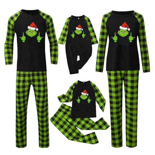 Reddomm Grinch Familie Weihnachten Passende Pyjamas Outfits Familien Outfit Schlafanzug Weihnachten Pyjamahose Herren Lang Flauschiger Schlafanzug Damen Jumpsuit Winter Damen Pyjama Partnerlook von Reddomm