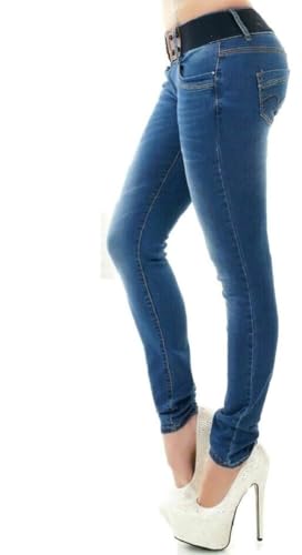 RED SEVENTY Damen Skinny Jeans Stretch Denim Hose mit Gürtel Gr. 32-40, Blau Wt196, 38 von RED SEVENTY