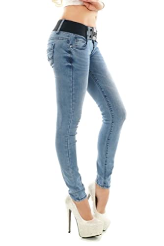 RED SEVENTY Damen Skinny Jeans Stretch Denim Hose mit Gürtel Gr. 32-40, Blau W1013, 34 von RED SEVENTY