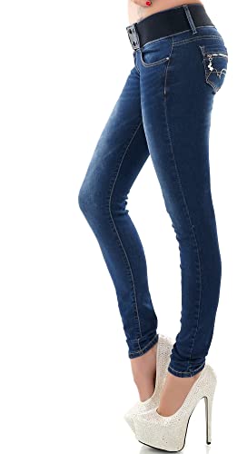 RED SEVENTY Damen Skinny Jeans Stretch Denim Hose mit Gürtel Gr. 32-40, Blau Wt140, 36 von RED SEVENTY