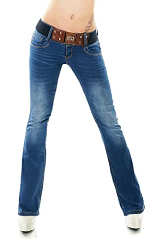 RED SEVENTY Damen Stretch Denim Skinny Boot Cut Jeans Hose Blau Faded mit Gürtel EU 39-42, Blau Wt366, 34 von RED SEVENTY